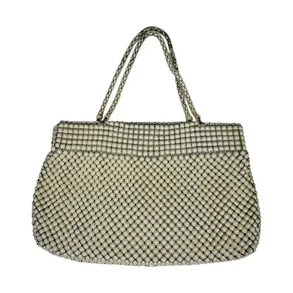 Vintage 40's Whiting & Davis Alumesh Handbag Purse Cream Beaded Evening Bag - Picture 2 of 13